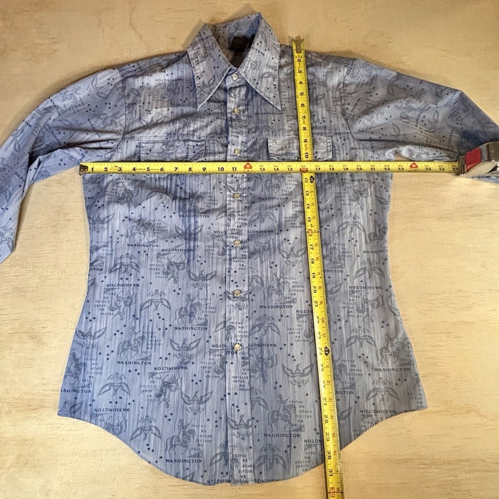Hands Off Mens Vintage Sears Long Sleeve Pearl Snap Shirt L Blue All Over Print - Picture 9 of 10